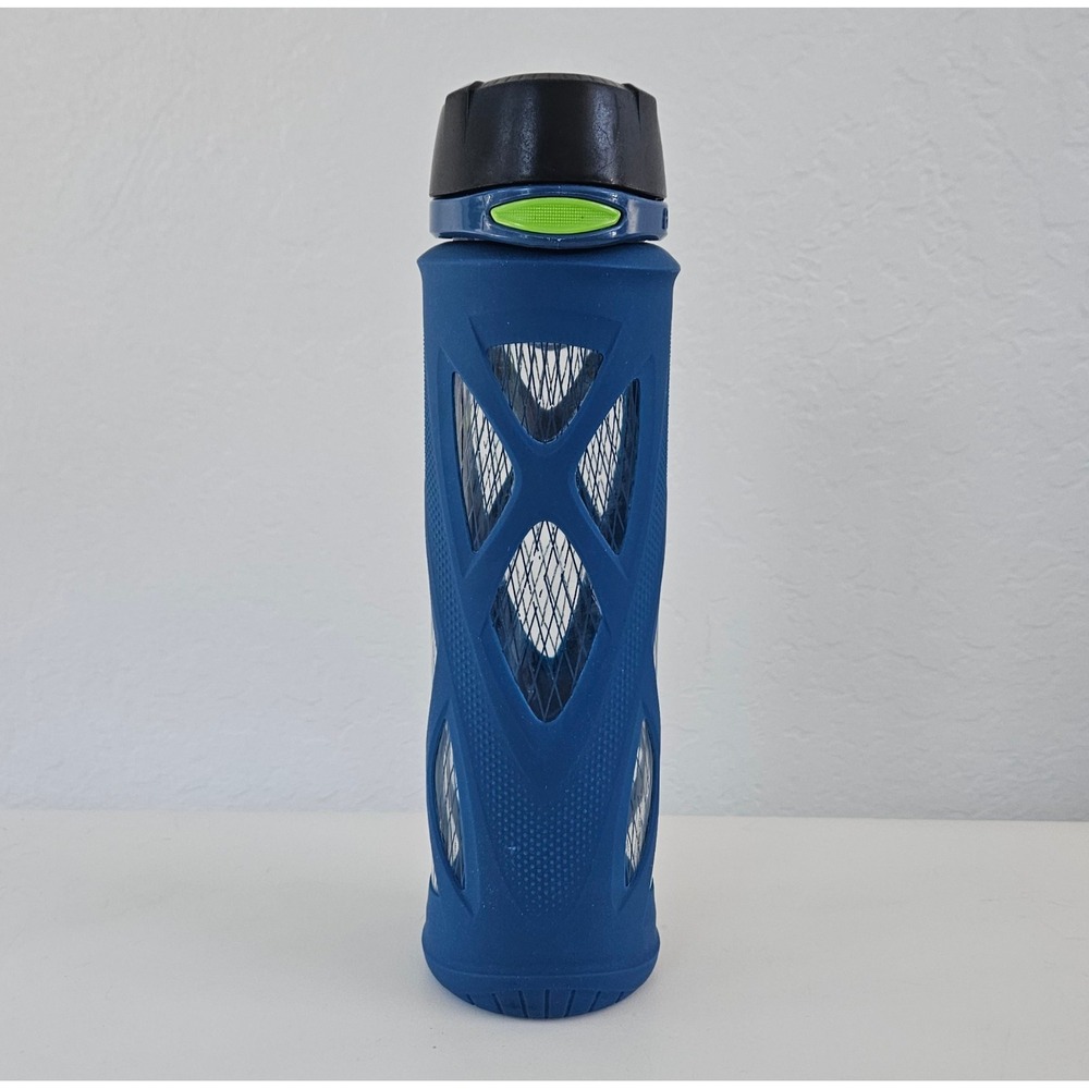 ZULU Atlas Glass Water Bottle 20 Oz Blue Silcion Sleeve Flip Lid Lockable